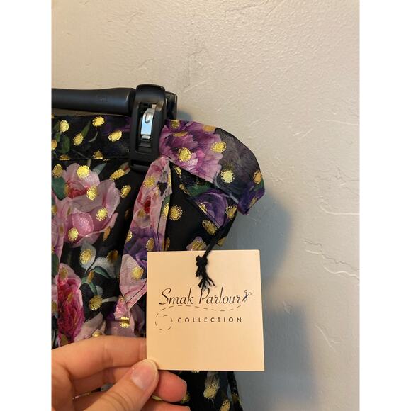 Smak Parlor Floral Gold Polka Dot True Wrap Ruffle Skirt NEW Size Large - Picture 9 of 13